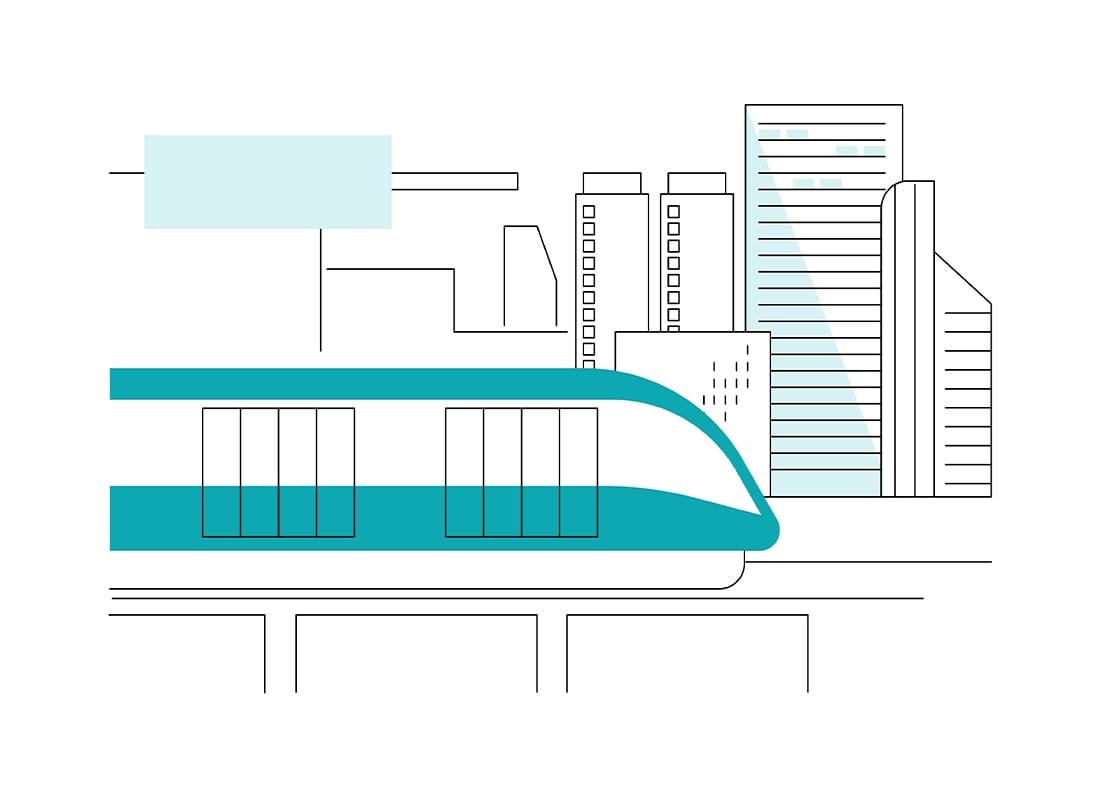 Austin, TX - Monorail Train Abstract Concept Vector Illustration of a Train Passing by a Tall City and Buildings